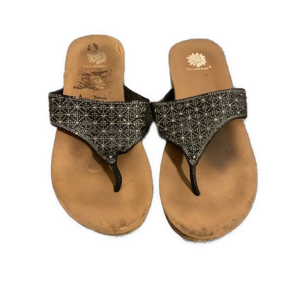 Yellowbox Comfort Cushion Black Brown Silver Crystal Flip Flops Sandals 7.5